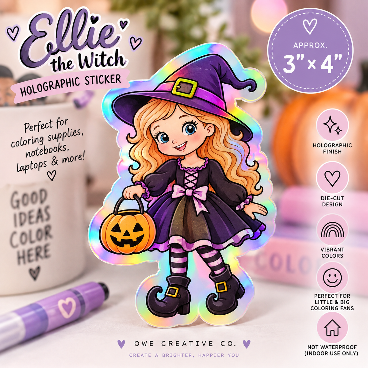 Ellie the Witch Holographic Sticker | Halloween Sticker – OWE Creative Co.