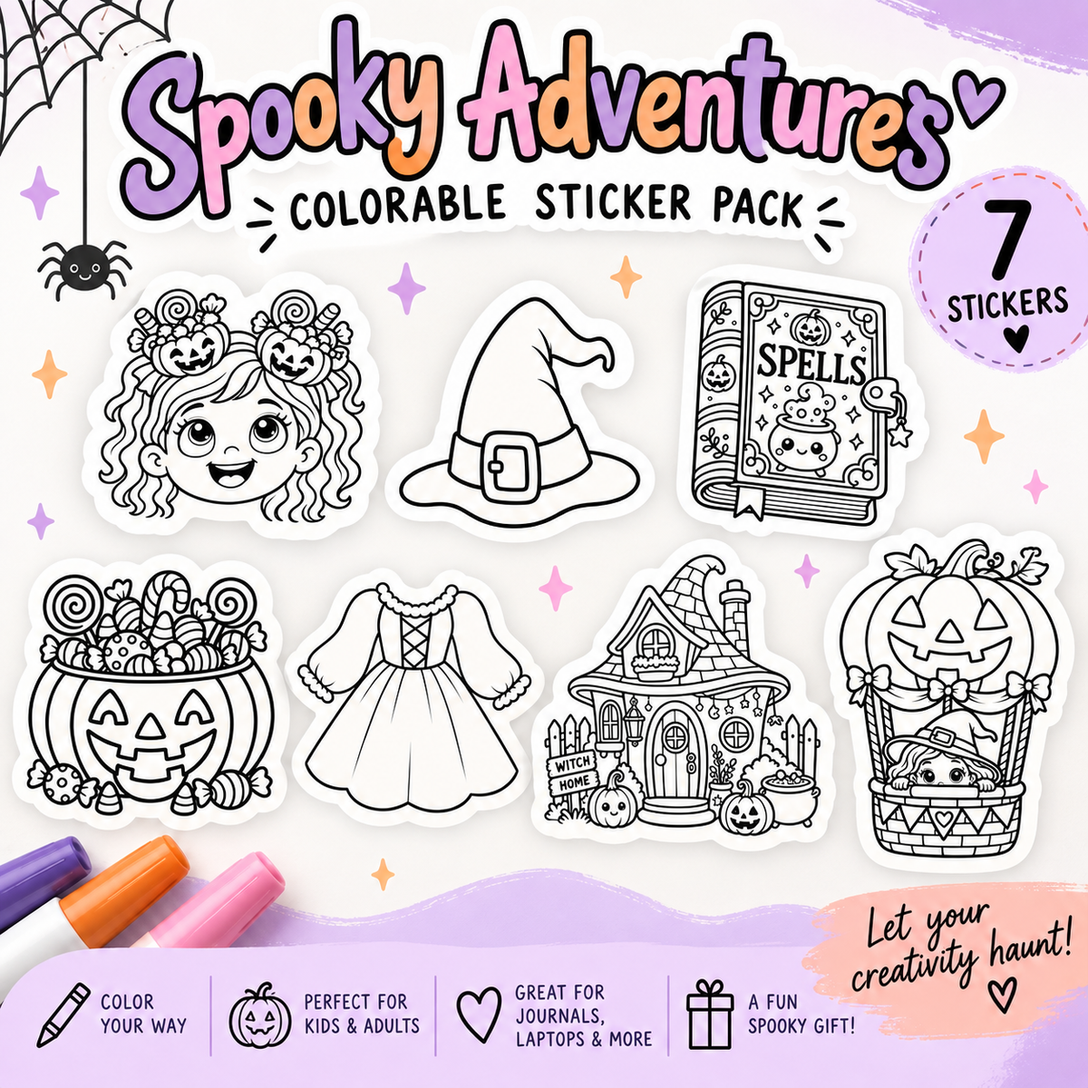 Spooky Adventures Colorable Sticker Pack – Set of 7